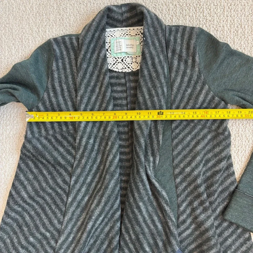 Anthropologie Saturday Sunday Green Striped Fringe Open Front Cardigan XS